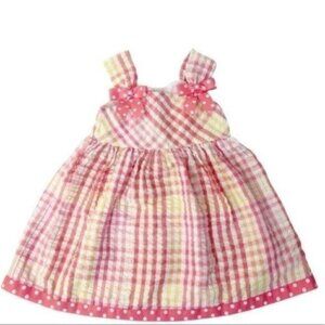 Ashley Ann 3T Dress gingham polka dots bows shiny stripes 3 button back Opening